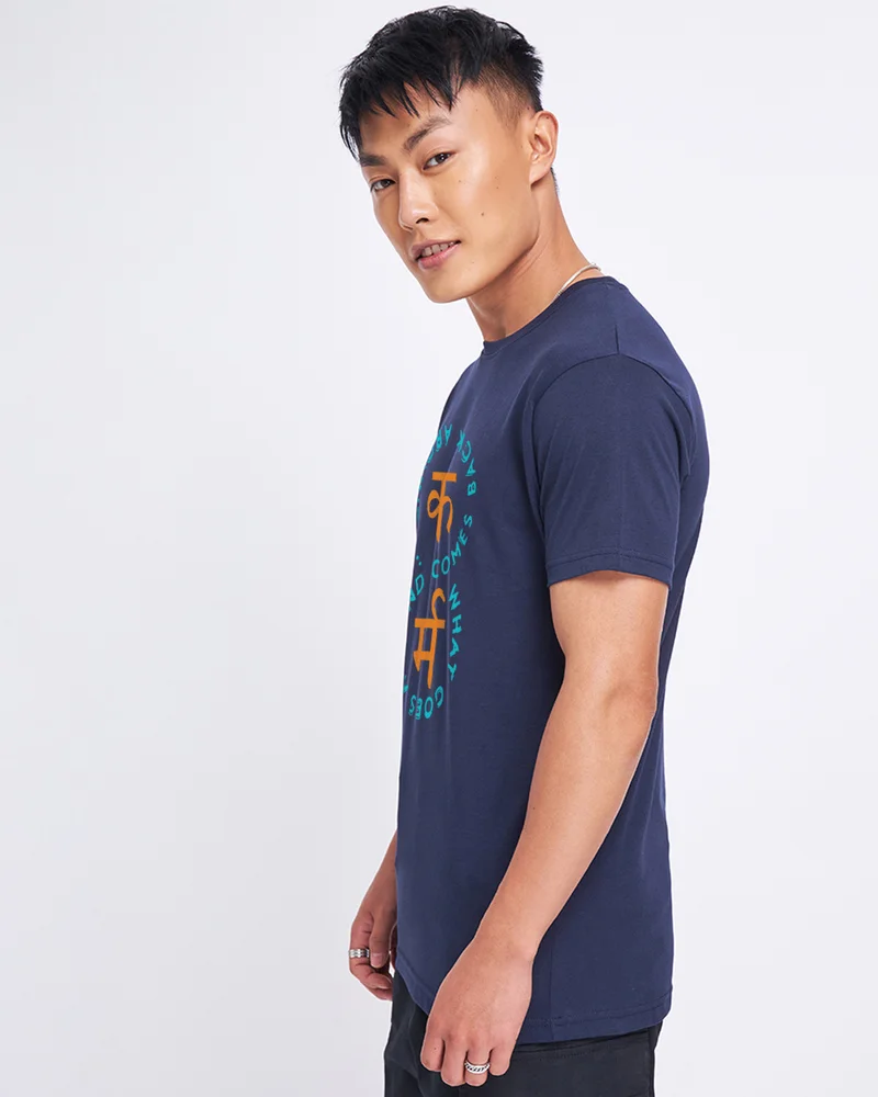 بيواكوف Men's Navy Blue Karma Graphic Printed T-shirt